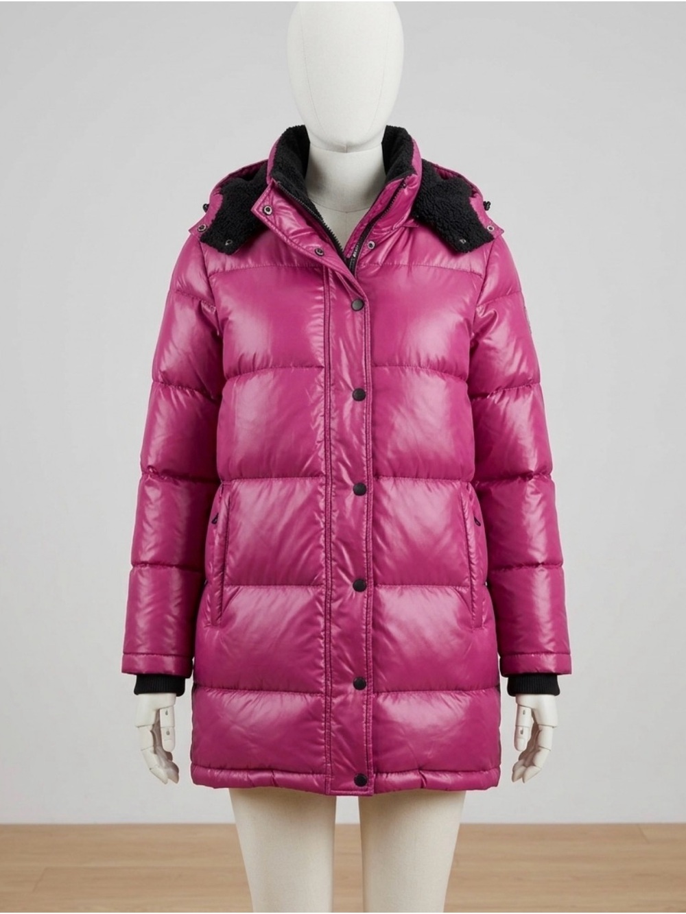 Long Quilted Puffer Coat with Faux-Sherpa Trim - Pink
